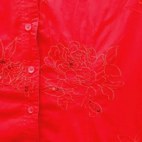 Blouse Size L Red Sequin Embroidered Short Sleeve Patriotic Americana 4th July - Picture 3 of 14